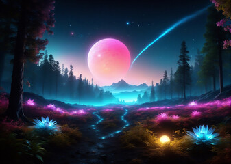 Colorful bioluminescence plants in forest, Generative AI