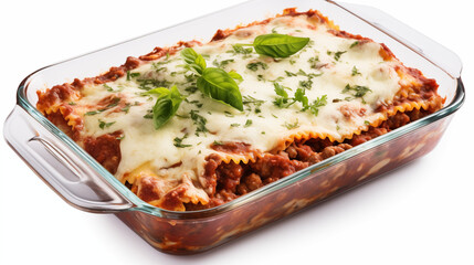 Lasagna placed in a baking dish, available on either a transparent or white background. Created using Generative AI.