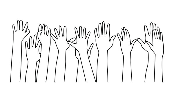 Many hands raised up in the air on white background, Line art vector. 