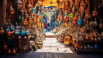 the traditional moroccan souk in the old medina - obrazy, fototapety, plakaty
