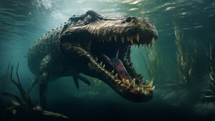 Huge prehistoric alligator underwater - obrazy, fototapety, plakaty