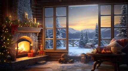 Cozy and festive Christmas scene with glowing tree, fireplace, and presents in a dark room