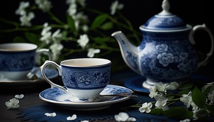 Obraz na płótnie Canvas Photo of a Beautiful Blue and White Tea Set on a Table