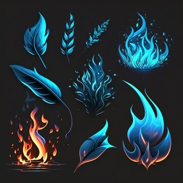 blue flame graphic icon set synthesis effect hand drawn on black background holographic pictures chemical signals fire icons set leaf burning shaped Generative AI 
