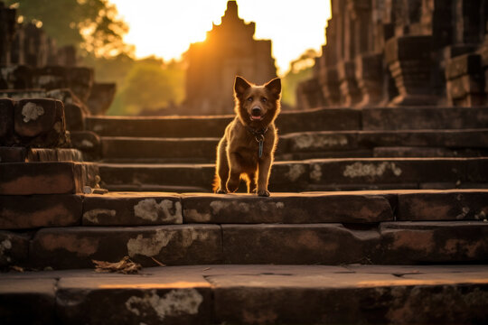 a dog standing outside the building, in the style of buddhist art and architecture