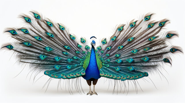The Indian or blue peafowl dance display isolated on white background
