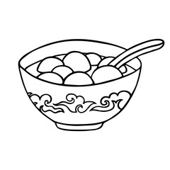 Chinese sweet rise balls in plate with spoon isolated on white. Outline hand drawn sketch of tang yuan or yuanxiao, traditional food on Lantern festival. Vector element, China holidays illustration.