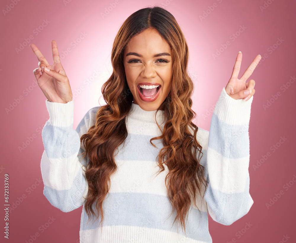 Poster Portrait of happy woman, smile on face and peace sign hands, happy lifestyle celebration on pink background. Happiness, freedom and excited girl in studio with winning hand gesture, v symbol or emoji