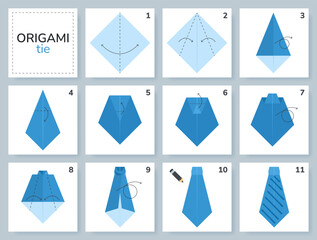 Tie origami scheme tutorial moving model. Origami for kids. Step by step how to make a cute origami necktie. Vector illustration.