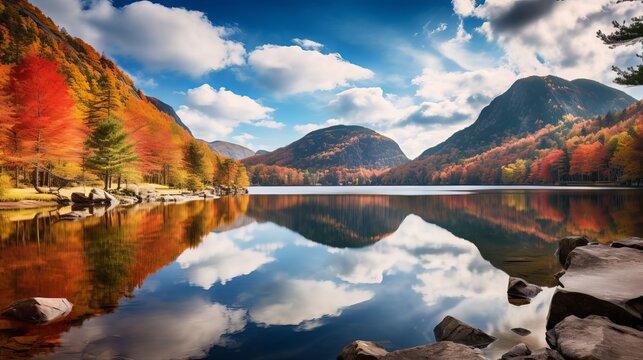 Calm lake and moo flying clouds covering a harsh mountain secured with colorful harvest time foliage