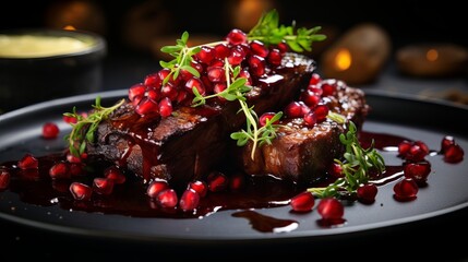 Blended fricasseed meat with pomegranate and sauce