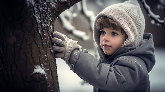 Boy in ruddy fleece coat touching a tree amid Christmas season
