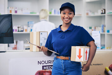 Black woman, package and pharmacy in portrait with delivery or medical items for stock. Employee,...