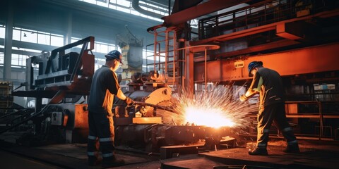 Heavy industry and steel production for all types of construction and mechanical engineering. Team of workers against the background of a blast furnace and the casting of molten metal. - obrazy, fototapety, plakaty