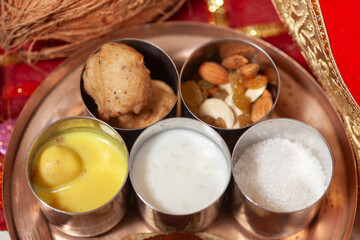A plate of 'Prasadam' ready for Indian Hindu puja. 