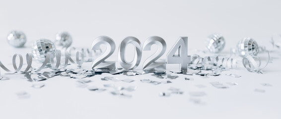 Happy new year 2024 banner. New year holidays card with confetti and disco balls on white background