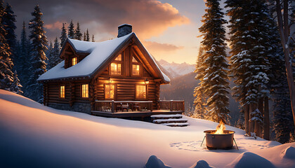 cozy wooden cabin nestled in snowy mountains features a fire pit and furnished deck, providing a warm and inviting winter retreat surrounded by nature's beauty - obrazy, fototapety, plakaty