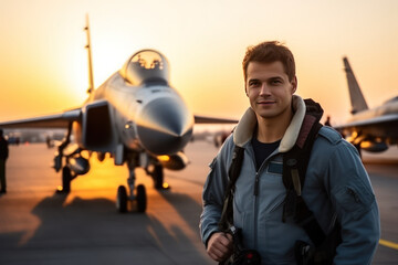 Fototapeta premium Close-up portrait of a modern fighter pilot. Serious young Caucasian pilot posing against the backdrop of a modern fighter jets.