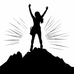 Woman celebrates success at the top of the mountain. Silhouette of a woman on top of the mountain black icon on white background