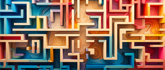 Wooden maze. abstract geometric background with multicolored shapes.
