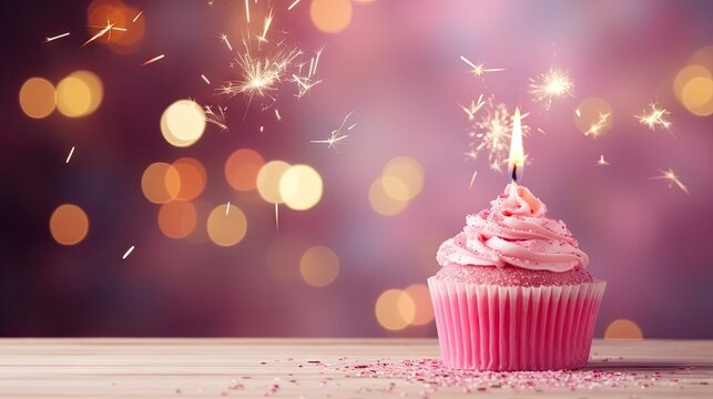 birthday cake with a candle on a pastel pink background with copy space