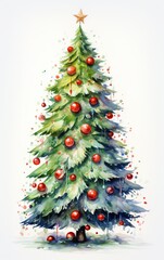 Watercolor painting of a festive Christmas tree with colorful ornaments and lights