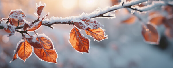 Beautiful branch with orange and yellow leaves in the forest covered with first snow. Autumn winter...
