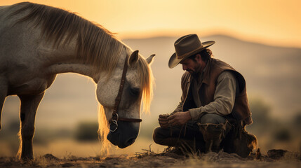 A man kneeling down next to a horse, AI - obrazy, fototapety, plakaty