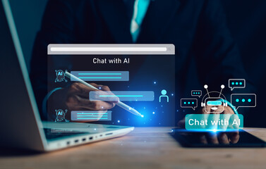 AI Chatbot. Businessman using computer with artificial intelligence with command prompt for...