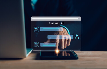 AI Chatbot. Businessman using computer with artificial intelligence with command prompt for...
