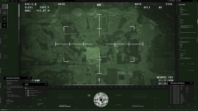 Surveillance scanner examining the city searching for an assault area. Surveillance scanner finds the terrorist assault location. Surveillance scanner observing the assault conflict. NIght vision.