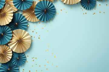 Christmas festive greeting template: gold and blue paper fans border with round confetti on a pastel blue background with copy space.