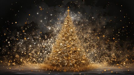 Golden sparkle Christmas tree on dark background