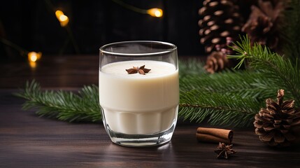 Christmas Hot Drink. Eggnog with Cinnamon in Glass with Branches Fir Tree on Dull Foundation