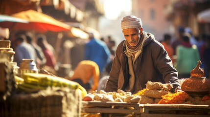 candid shot of a crowded marketplace in Marrakesh - obrazy, fototapety, plakaty