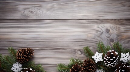 Christmas composition. Christmas blessing, weaved cover, pine cones, fir branches on wooden white foundation. Level lay, best see, duplicate space