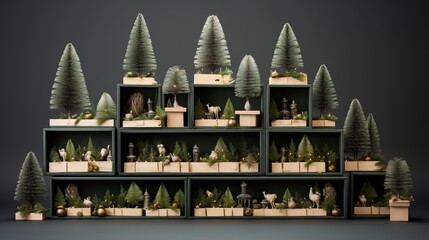 Christmas blessing boxes collection with pine tree for deride up layout plan. See from over - obrazy, fototapety, plakaty