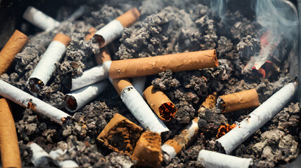 Cigarette butts in an ashtray, Generative AI.