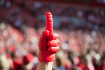  A spectator enthusiastically waving a foam finger at a sports event, exemplifying the high energy...