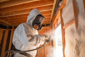 A construction worker applying spray foam insulation between wall studs, making a home more energy-efficient - obrazy, fototapety, plakaty