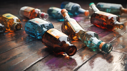 Empty alcohol bottles on the ground: A sobering reality. Generative AI. - obrazy, fototapety, plakaty