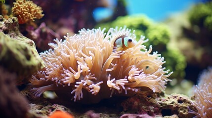 Fototapeta na wymiar Charming anemone angle playing on the coral reef