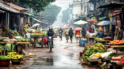 outdoor market in Vietnam on a rainy day - obrazy, fototapety, plakaty