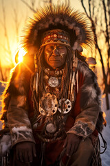 Obraz premium siberian shaman in golden hour