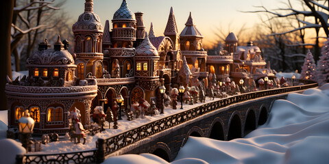Enchanting Christmas Ceramic Village with Illuminated Windows. Winter Wonderland: Ceramic Christmas Village with Snow and Lights - obrazy, fototapety, plakaty