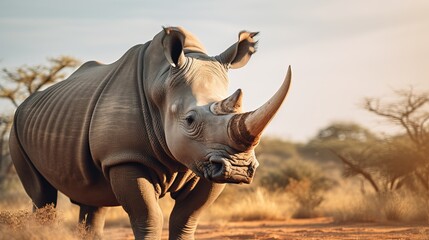African white rhino with expansive horn on safari - obrazy, fototapety, plakaty