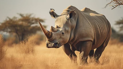 Wandcirkels tuinposter African white rhino with expansive horn on safari © Suleyman Mammadov