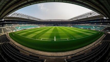 Center of a football field with the center circle and spot wide angle photography, capturing football field from top camera view