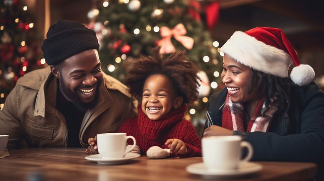 African American Family cheerful together. Grinning Individuals celebrating Christmas