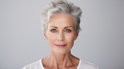 beautiful mid age 50s elderly senior model woman with grey hair smiling close up portrait, healthy skincare cosmetics beauty concept
